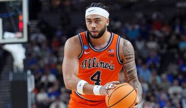 Mar 21, 2026; Greenville, SC, USA; Illinois Fighting Illini guard Kylan Boswell (4) controls the ball during the first half against the VCU Rams in a second-round game of the NCAA Tournament.