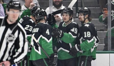 Mar 22, 2026; Dallas, Texas, USA; Dallas Stars center Colin Blackwell (15) and center Sam Steel (18) and center Justin Hryckowian (49) and defenseman Miro Heiskanen (4)  celebrates a goal scored by Hryckowian against the Vegas Golden Knights during the first period at the American Airlines Center. Mandatory Credit: Jerome Miron-Imagn Images