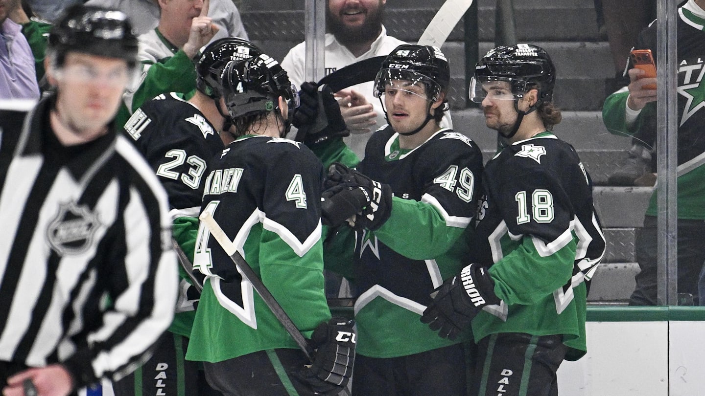 Mar 22, 2026; Dallas, Texas, USA; Dallas Stars center Colin Blackwell (15) and center Sam Steel (18) and center Justin Hryckowian (49) and defenseman Miro Heiskanen (4)  celebrates a goal scored by Hryckowian against the Vegas Golden Knights during the first period at the American Airlines Center. Mandatory Credit: Jerome Miron-Imagn Images