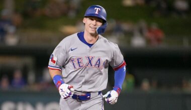 Aug 29, 2025; West Sacramento, California, USA; Texas Rangers outfielder Michael Helman (24) rounds the bases after hitting a home run against the Athletics dseventh inning at Sutter Health Park. Mandatory Credit: Ed Szczepanski-Imagn Images