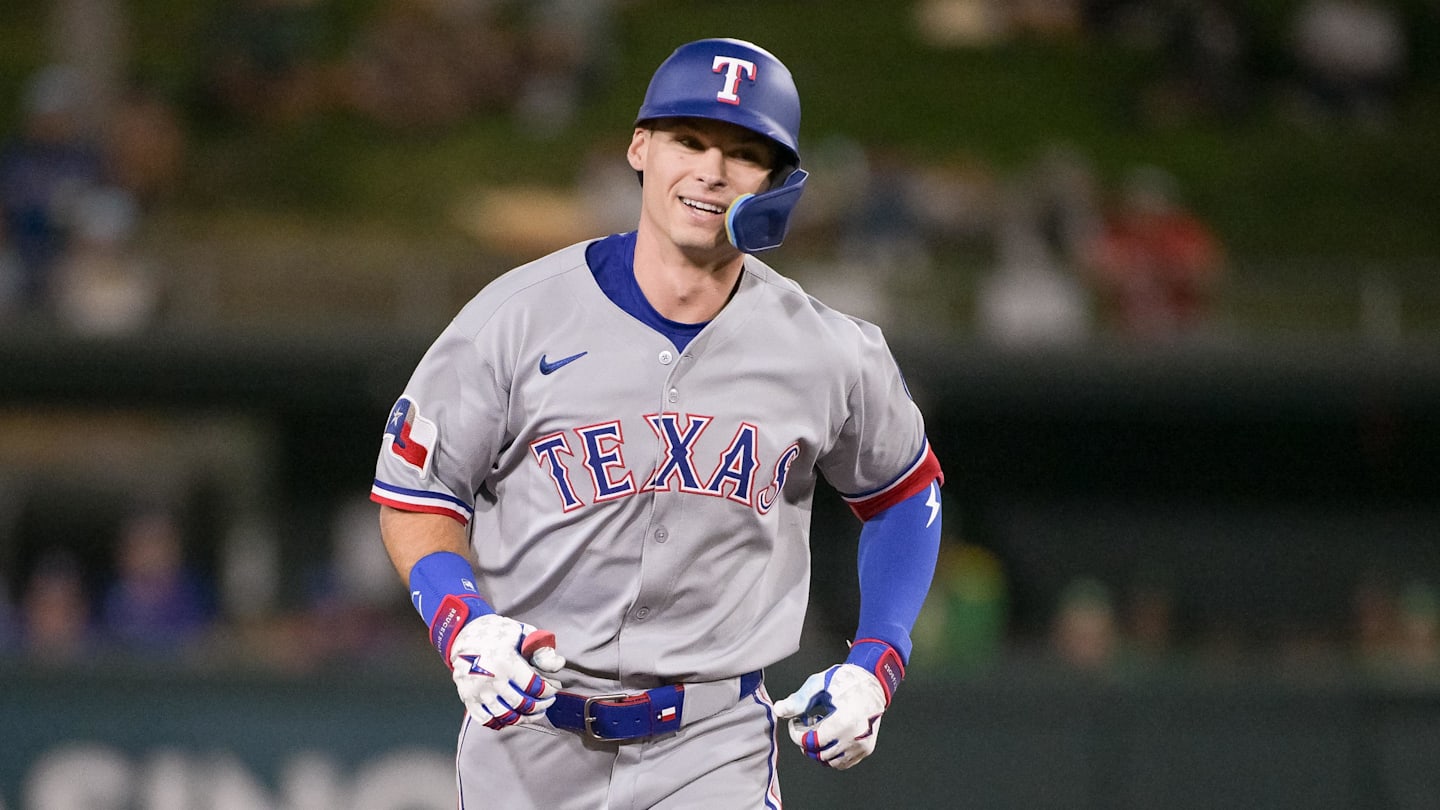 Aug 29, 2025; West Sacramento, California, USA; Texas Rangers outfielder Michael Helman (24) rounds the bases after hitting a home run against the Athletics dseventh inning at Sutter Health Park. Mandatory Credit: Ed Szczepanski-Imagn Images