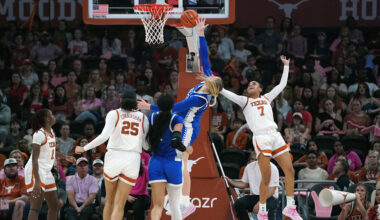 Feb 9, 2026; Austin, Texas, USA; Texas Longhorns guard Jordan Lee (7) blocks Kentucky Wildcats center Clara Strack (13) during the second half at Moody Center. Mandatory Credit: Dustin Safranek-Imagn Images