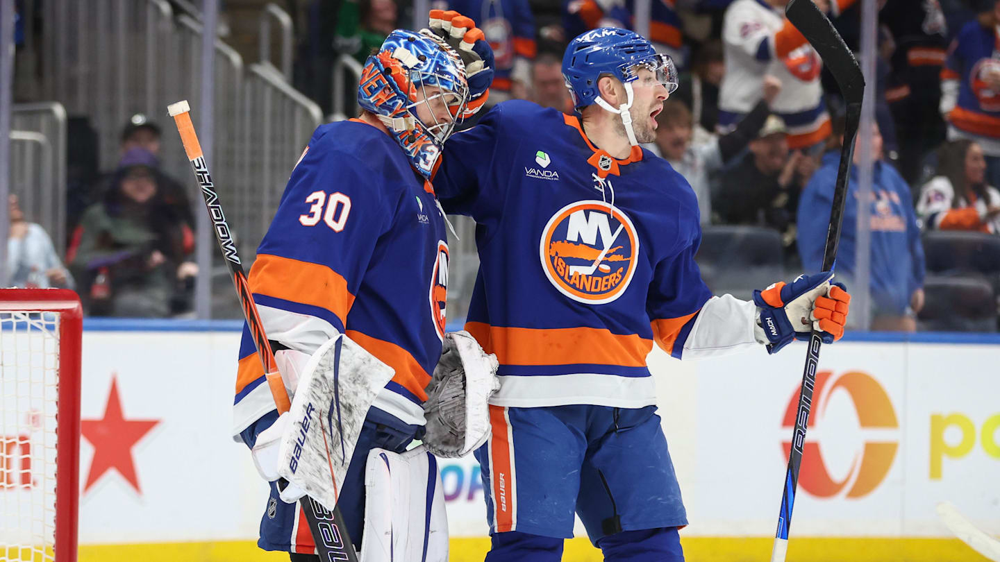Mar 26, 2026; Elmont, New York, USA;  New York Islanders goaltender Ilya Sorokin (30) is greeted by defenseman Adam Pelech (3) after defeating the Dallas Stars at UBS Arena. Mandatory Credit: Wendell Cruz-Imagn Images