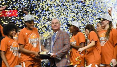 The Texas Longhorns celebrate Sunday, March 8, 2026, after the SEC Women's Basketball Tournament Championship game against the South Carolina Gamecocks at Bon Secours Wellness Arena in Greenville, South Carolina. Texas Longhorns won 78-61.