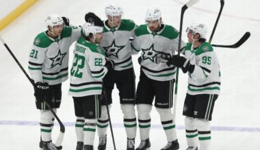 Mar 28, 2026; Pittsburgh, Pennsylvania, USA;  Dallas Stars center Mavrik Bourque (22) celebrates his empty net goal with teammates against the Pittsburgh Penguins during the third period at PPG Paints Arena. Mandatory Credit: Charles LeClaire-Imagn Images