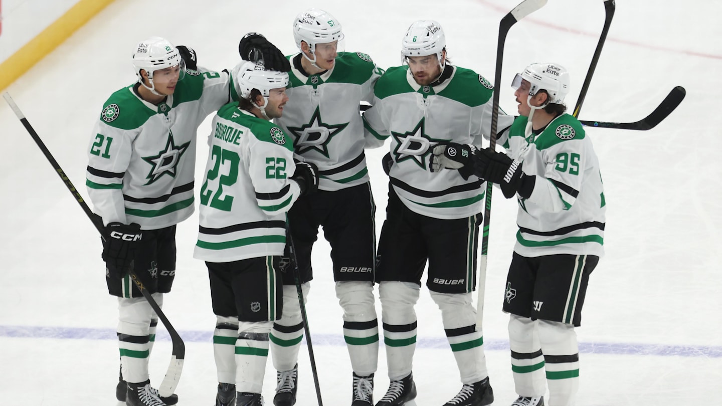 Mar 28, 2026; Pittsburgh, Pennsylvania, USA;  Dallas Stars center Mavrik Bourque (22) celebrates his empty net goal with teammates against the Pittsburgh Penguins during the third period at PPG Paints Arena. Mandatory Credit: Charles LeClaire-Imagn Images
