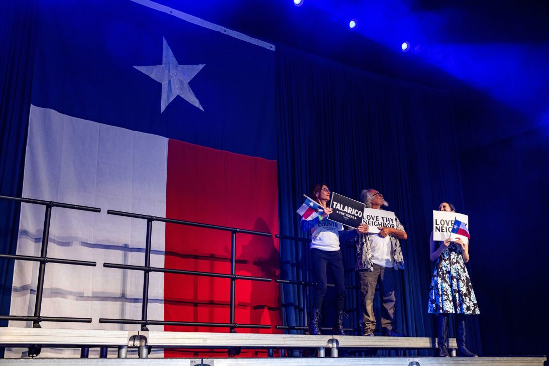 Attendees arrive for a Texas primary election victory speech with James Talarico in Austin.