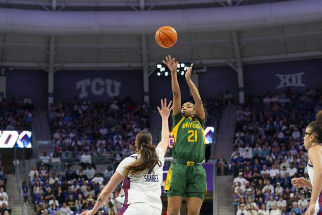 Freshman guard Marcayla Johnson rises up and fires off a shot during the Bears' 65-53 loss on Sunday evening against TCU at Schollmaier Arena in Fort Worth. Jake Schroeder | Photographer