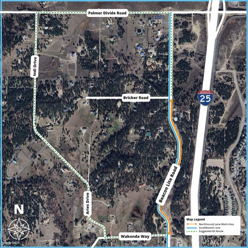 A project map shows construction work on Beacon Lite Road in Monument, Colo., between Wakonda Way and Bricker Road, west of Interstate 25. A suggested alternate route is shown using Wakonda Way, Aries Drive, Indi Drive and Palmer Divide Road to help drivers avoid delays near the work area. The map includes a north arrow and a legend.