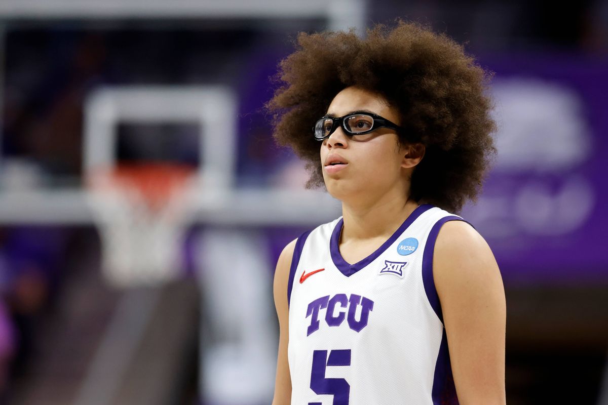 Olivia Miles #5 of the TCU Horned Frogs looks on against the Washington Huskies in the Second Round of the NCAA Women's Basketball Tournament on March 22, 2026 at Schollmaier Arena in Fort Worth, Texas