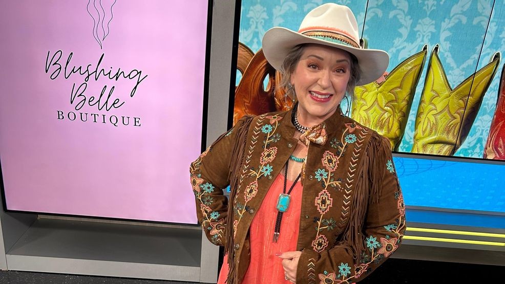 “Denise is showing off a very rodeo-ready look,” Carney said. “We just got dresses in from Ali Falcon—hand-drawn and printed onto the fabric. We paired it with a stunning Scully jacket with beautiful beading and bright colors. Accessories like Ali Falcon 12s, Navajo turquoise jewelry, Charlie 1 Horse felt hats, and Lucchese boots complete the look.”