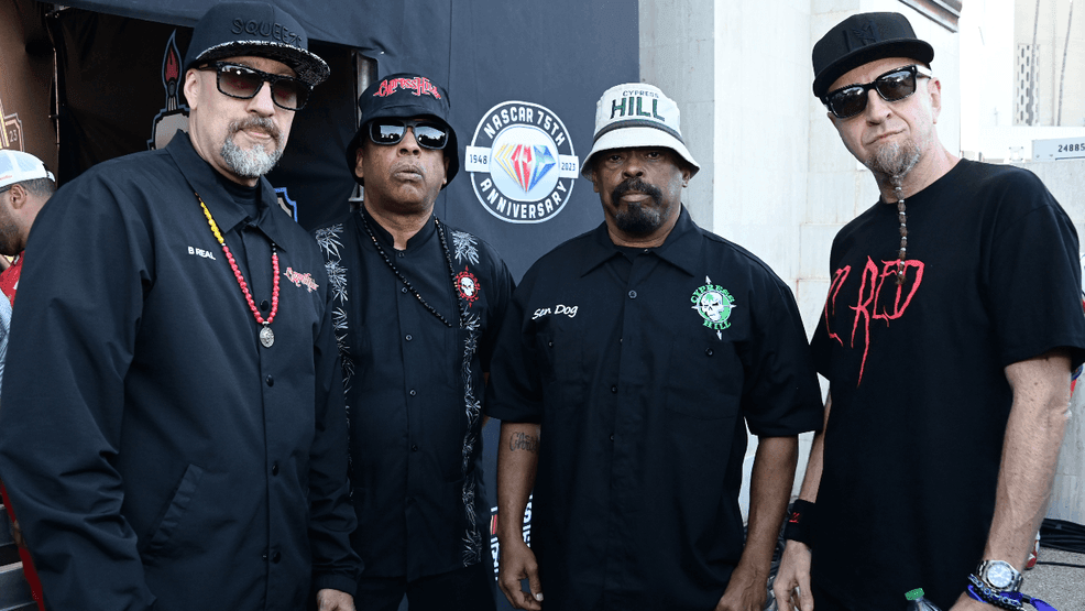 Rappers B-Real, Eric Bobo, and Sen Dog of Cypress Hill poses with Shavo Odadjian of System of a Down backstage prior to the NASCAR Clash at the Coliseum at Los Angeles Memorial Coliseum on February 05, 2023 in Los Angeles, California. (Photo by Araya Doheny/Getty Images)