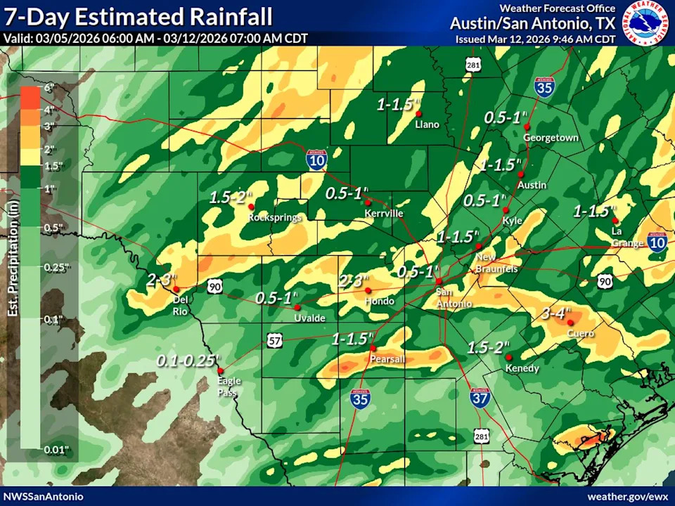 Cumulative rainfall totals over the past week have mainly ranged between an inch and 2 inches. (National Weather Service )