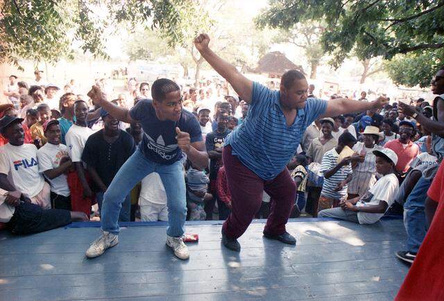 June 18, 1988: Participants in a dance competition on stage in Sycamore Park in Fort Worth during Juneteenth festivities.