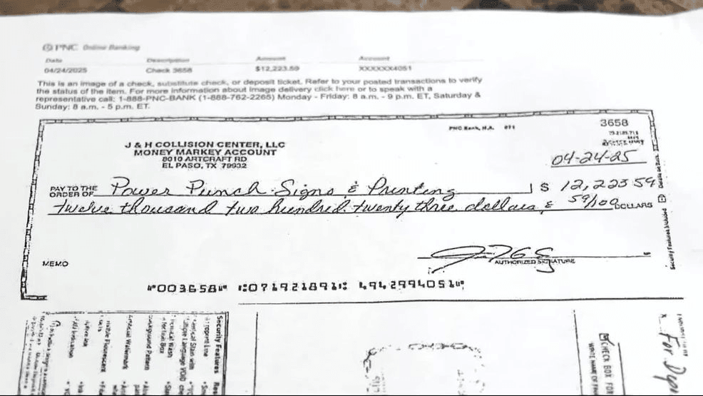 Check made out to Power Punch Signs for roughly $12,000 from JH Collision Center. (Credit: KFOX14/CBS4)