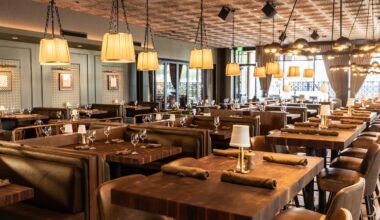 The interior of The Henry; lots of nice tables and warm lighting.