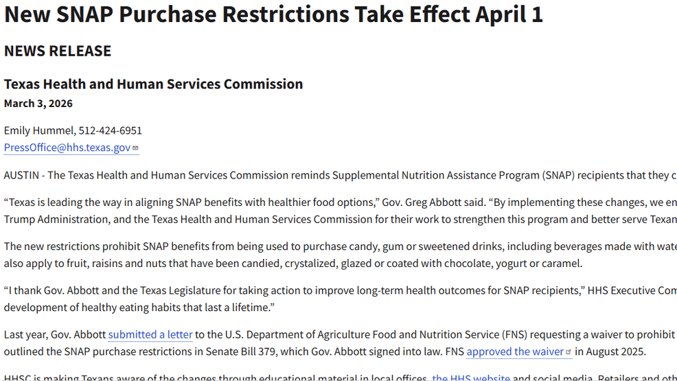 Texas SNAP recipients will soon face new limits on what they can buy with their Lone Star Cards, with candy and certain sweetened drinks set to be removed from the list of eligible purchases. (KTXS, Kayla Hamlett)