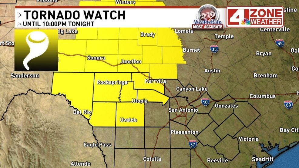 A Tornado Watch has been issued for our western counties, including portions of the southern Edwards Plateau and western Hill Country. This watch is in effect through 10 p.m., but additional extensions in time and area are possible later today.
