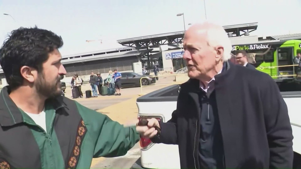 John Cornyn, Greg Casar clash over DHS funding outside Austin's airport