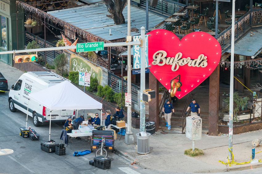 Members of the FBI conduct an investigation near Buford's bar in downtown Austin, Texas, on March 01, 2026. Three people are dead and 14 others hospitalized following a mass shooting early Sunday morning. 