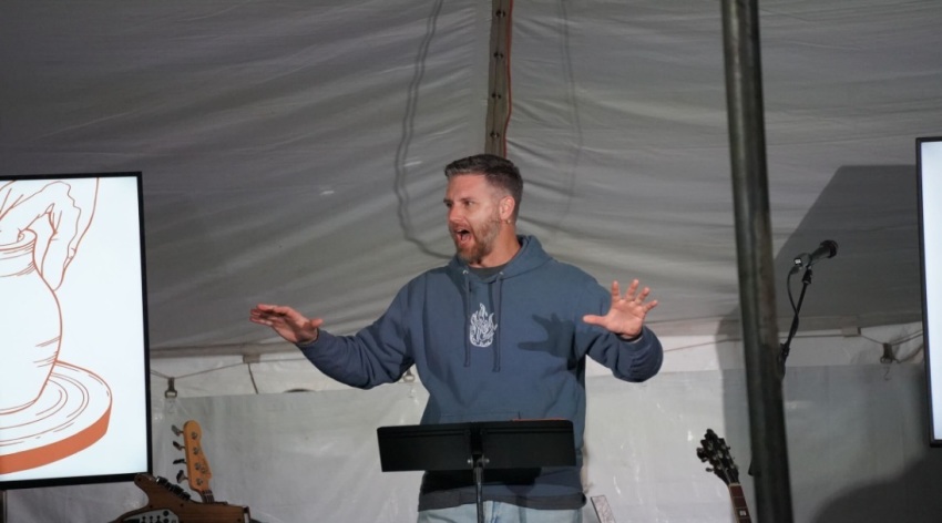 Shane Pruitt, author, preacher, and the National Next Gen Director for the Southern Baptist Convention North American Mission Board, preaches at a tent revival event at the University of Mary Hardin-Baylor of Belton, Texas, in March 2026.