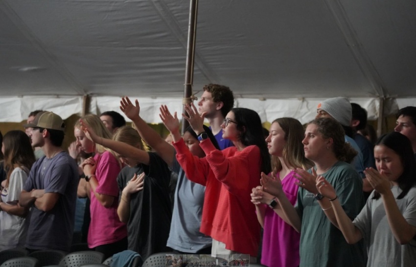 Students gather for a three-night tent revival event in March 2026 at the University of Mary Hardin-Baylor of Belton, Texas.