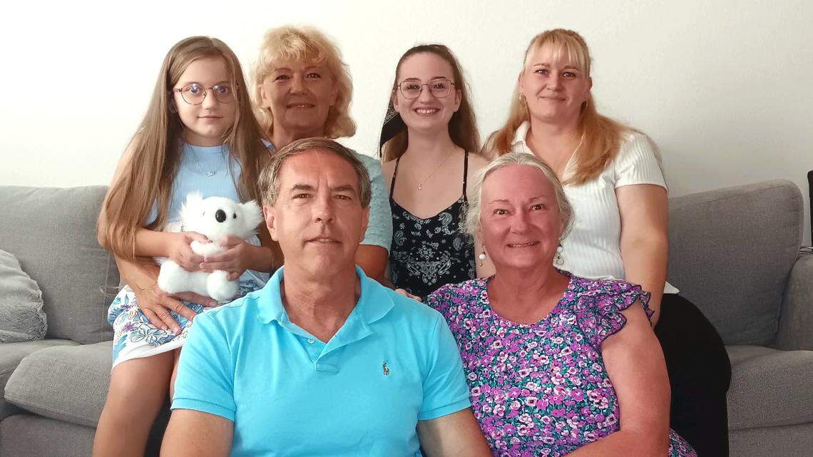 The Tenney family with the Lytvynenko-Novosolova-Kholod family in Fort Worth. Brian Tenney (bottom left), Robin Tenney (bottom right), Liza Novosolova (top left), Tetiana Kholod (second from top left) and Lera and Alina Lytvynenko (respectively, top right).