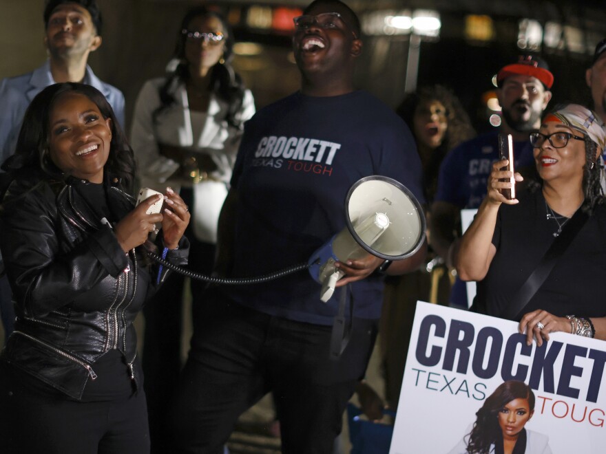 Democratic Rep. Jasmine Crockett reacts to supporters outside a polling station on February 27, 2026 in Dallas, Texas