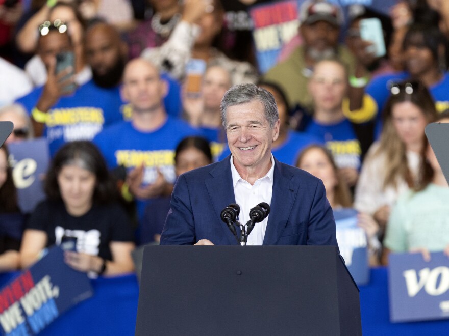 North Carolina Governor Roy Cooper speaks during a Get Out the Vote rally in Raleigh, N.C., on October 30, 2024.