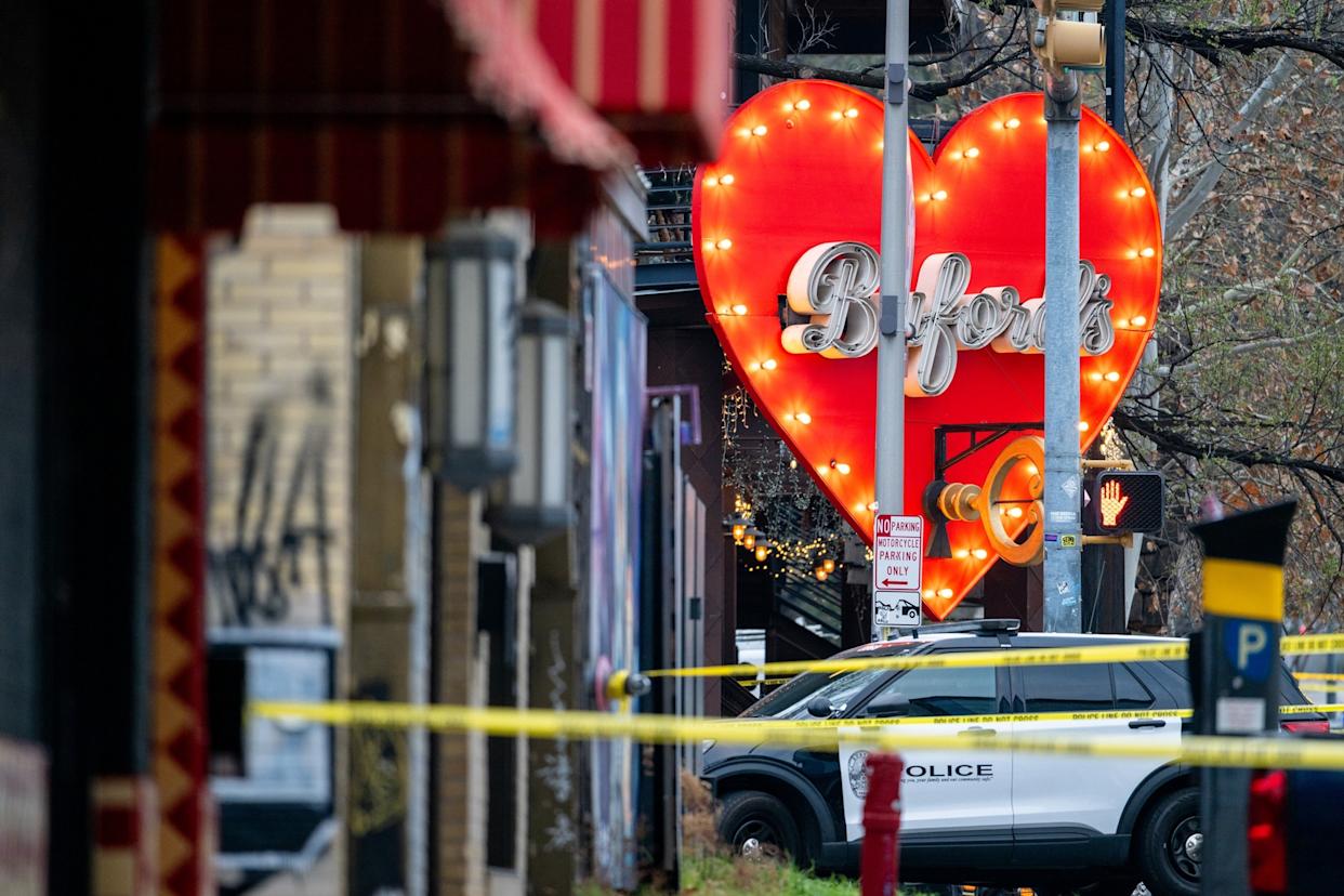 Brandon Bell/Getty Images - PHOTO: A law enforcement unit sits at the entrance to Buford's bar in downtown Austin, Texas, March 01, 2026, in Austin, after a mass shooting left three people, including the alleged gunman, dead and 14 others hospitalized.