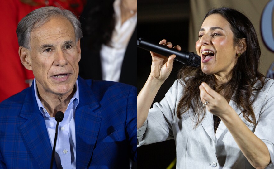 A photo of Gov. Greg Abbott next to a photo of state Rep. Gina Hinojosa