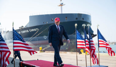 President Donald J. Trump walks out to deliver remarks on energy at the Port of Corpus Christi, Texas on Friday, February 27, 2026.  (Official White House Photo by Molly Riley)