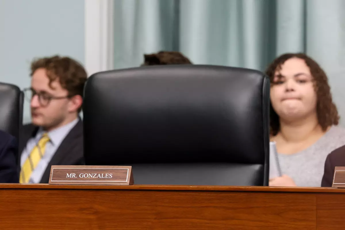 A chair for U.S. Rep. Tony Gonzales (R-TX) sits empty during a House Committee on Appropriations subcommittee hearing, the day after he admitted to a sexual relationship with a staffer, on Capitol Hill in Washington, D.C., U.S., March 5, 2026. REUTERS/Kylie Cooper