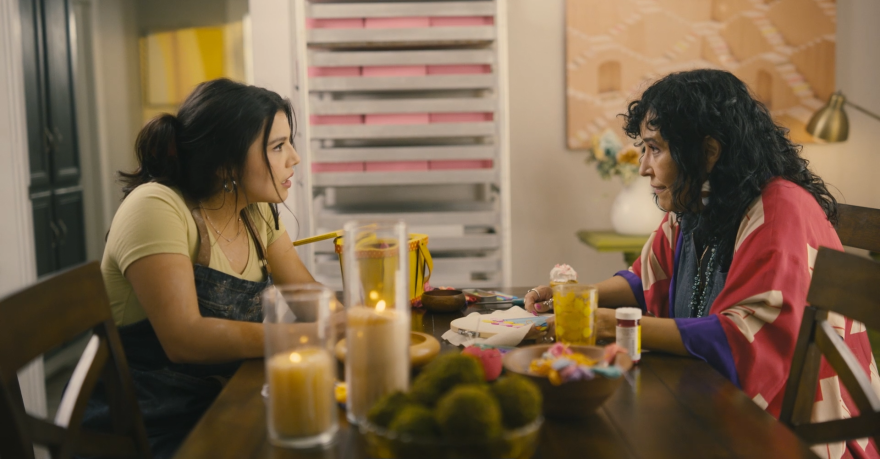 A scene from the film SweetNess. Actress Elizabeth Raquel Ramirez (left) plays Ines Garza. Maricella Barrera (right) plays the role of Tía Amalia.