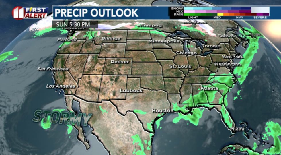 Developing system to the west expected to move closer and increase storm chances early next week.