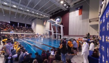 COLLEGE STATION, TX - February 21, 2026 - Kaitlyn Owens of the Texas A&M Aggies during the game between the Texas A&M Aggies and the Texas A&M Aggies at Rec Center Natatorium in College Station, TX. Photo By Bailee Wagner