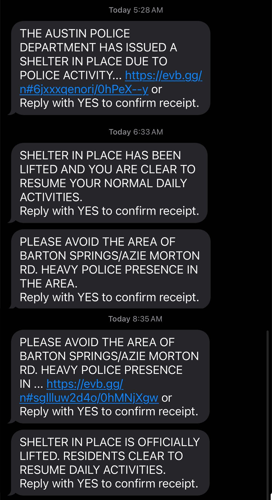 Multiple text messages show the changing shelter-in-place alert status in South Austin during a police shooting on Sept. 10, 2025.