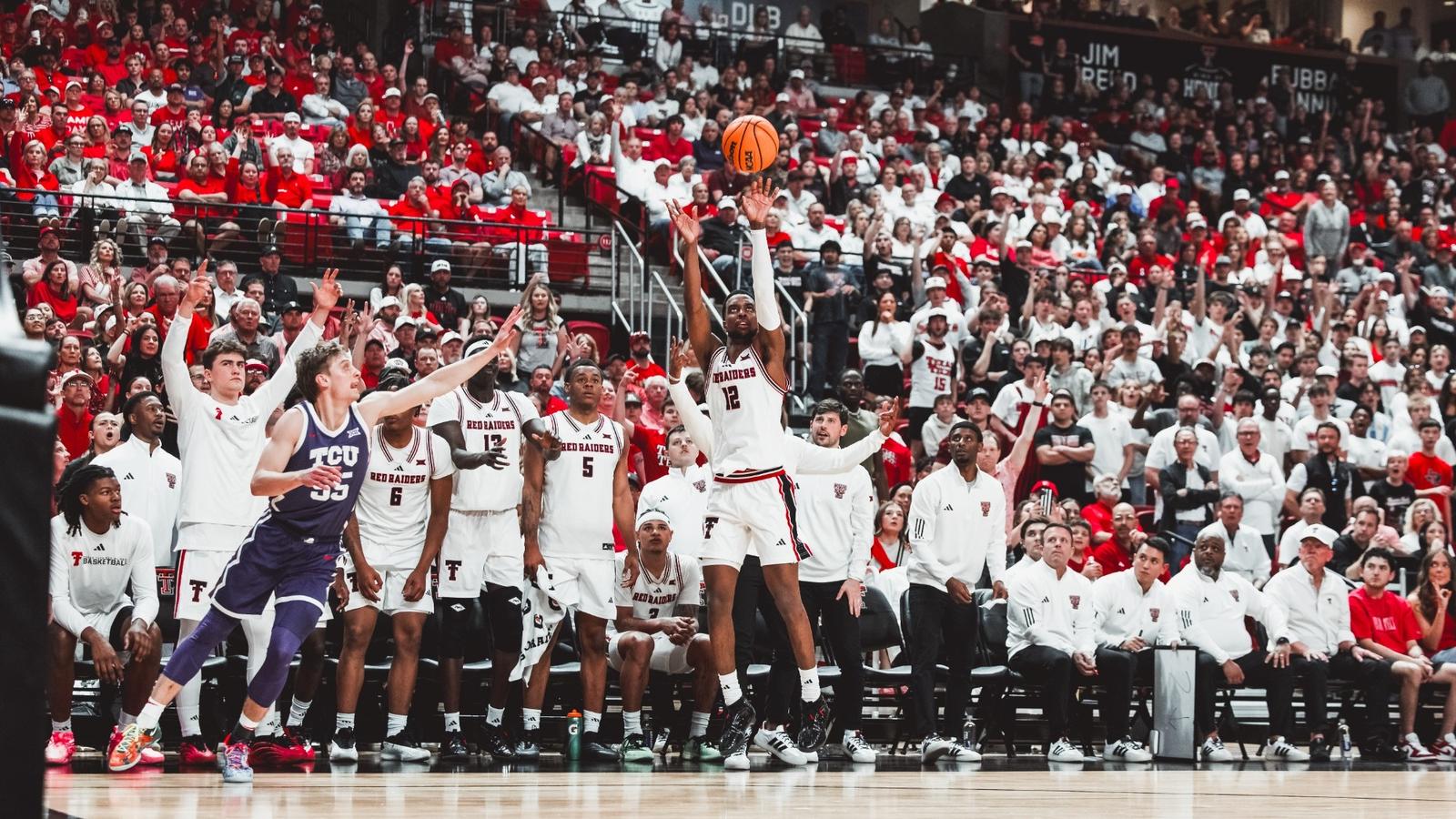 Christian Anderson shoots a 3-pointer against TCU in Tech's home finale.