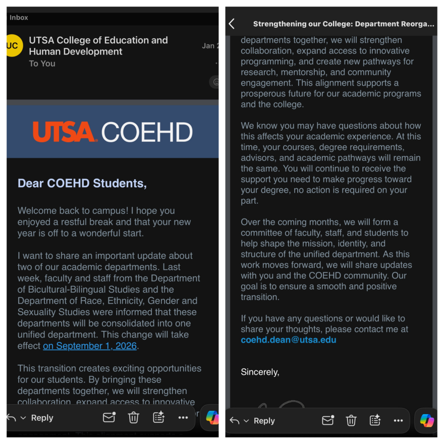 A screenshot of the letter the dean of UT San Antonio's college of education and human development sent to students about the consolidation of the race and gender studies department on January 21, 2026.
