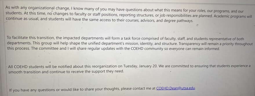 A photo of the second half of an email from the dean of UT San Antonio's College of Education and Human Development to faculty on January 16, 2026 provided to Texas Public Radio.