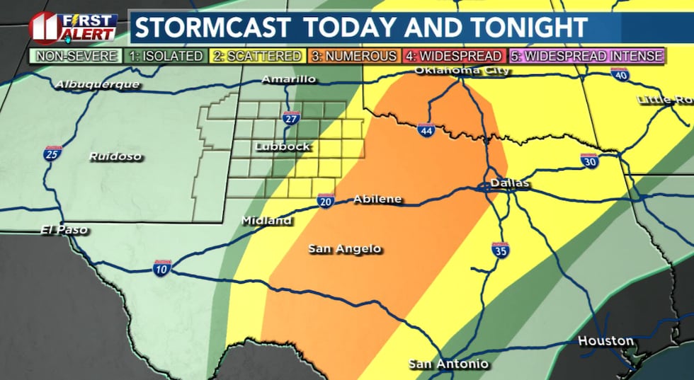 The threat of severe storms shifts east of the KCBD/FOX34 viewing area this Tuesday evening.