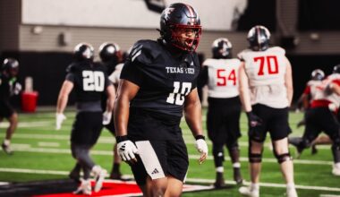 Joey McGuire speaks to the Red Raiders inside the Sports Performance Center after Texas Tech's first spring practice of the 2026 season.