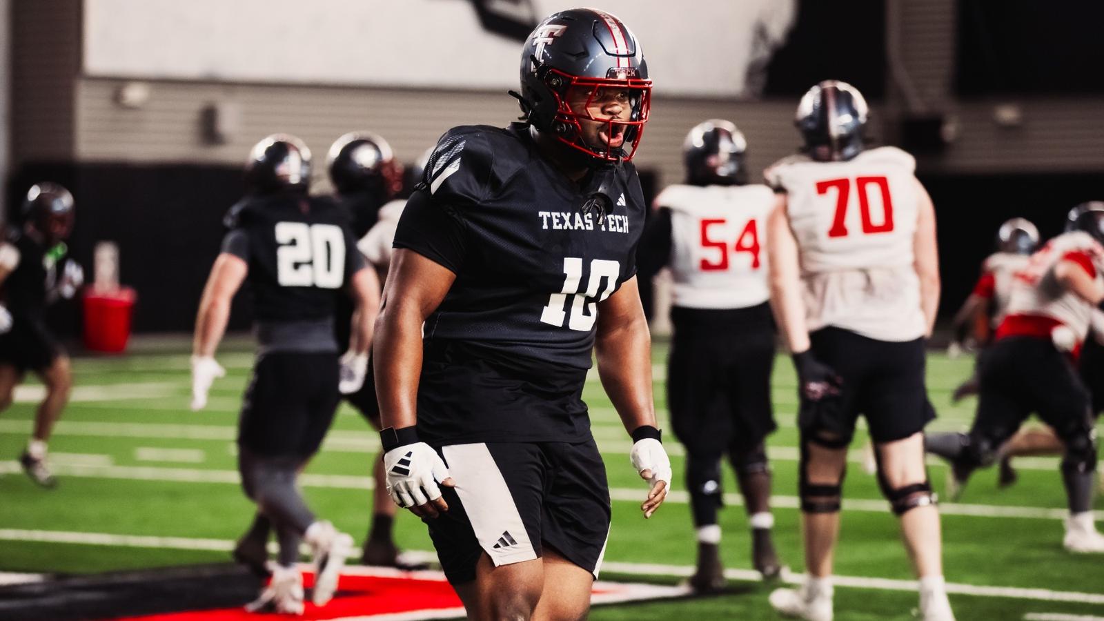 Joey McGuire speaks to the Red Raiders inside the Sports Performance Center after Texas Tech's first spring practice of the 2026 season.