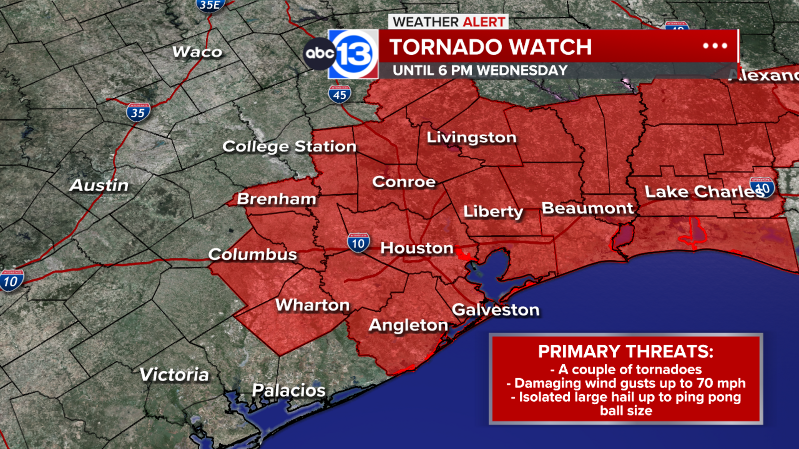 Tornado Watch in effect for Southeast Texas until 6 p.m., NWS reports