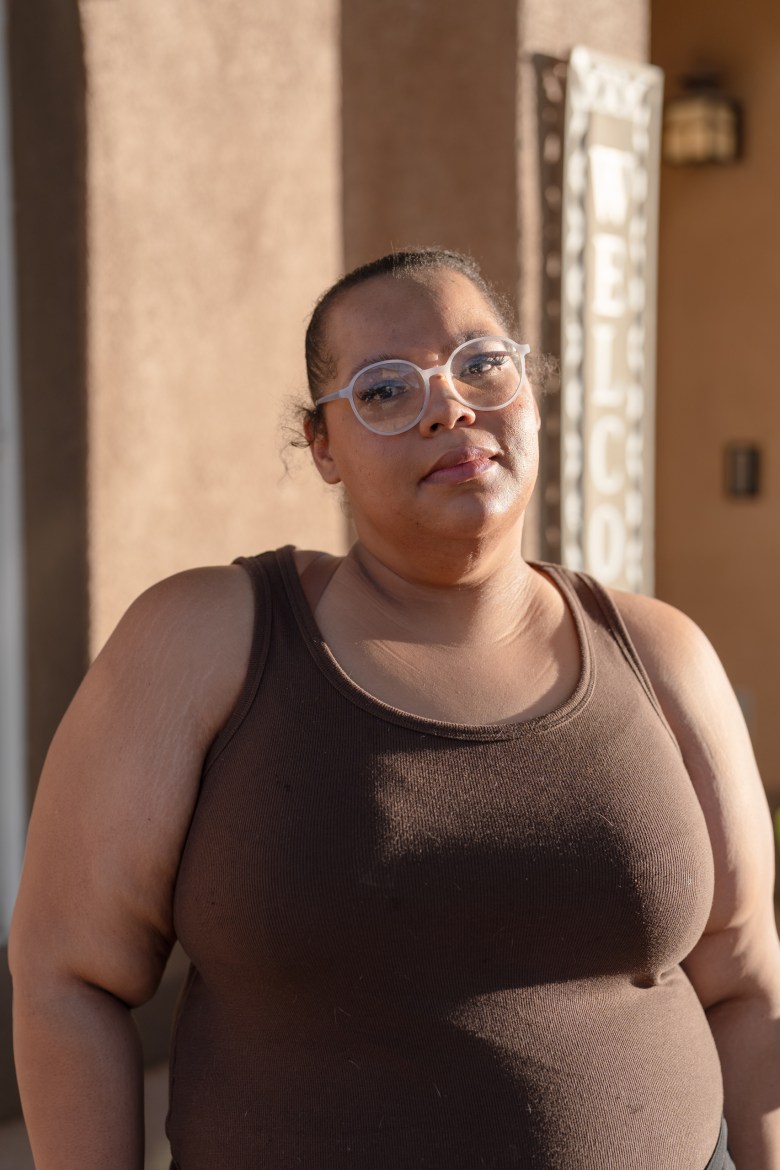 Gabrielle Jones-Radtke poses for a portrait at her family’s home on Saturday, February 28, 2026 in El Paso, Texas. She is struggling to get access to hormone therapy medication for her daughter, Freyja, 7, who suffers from Bardet Biedl Syndrome because the treatment is viewed as gender-affirming care in Texas.