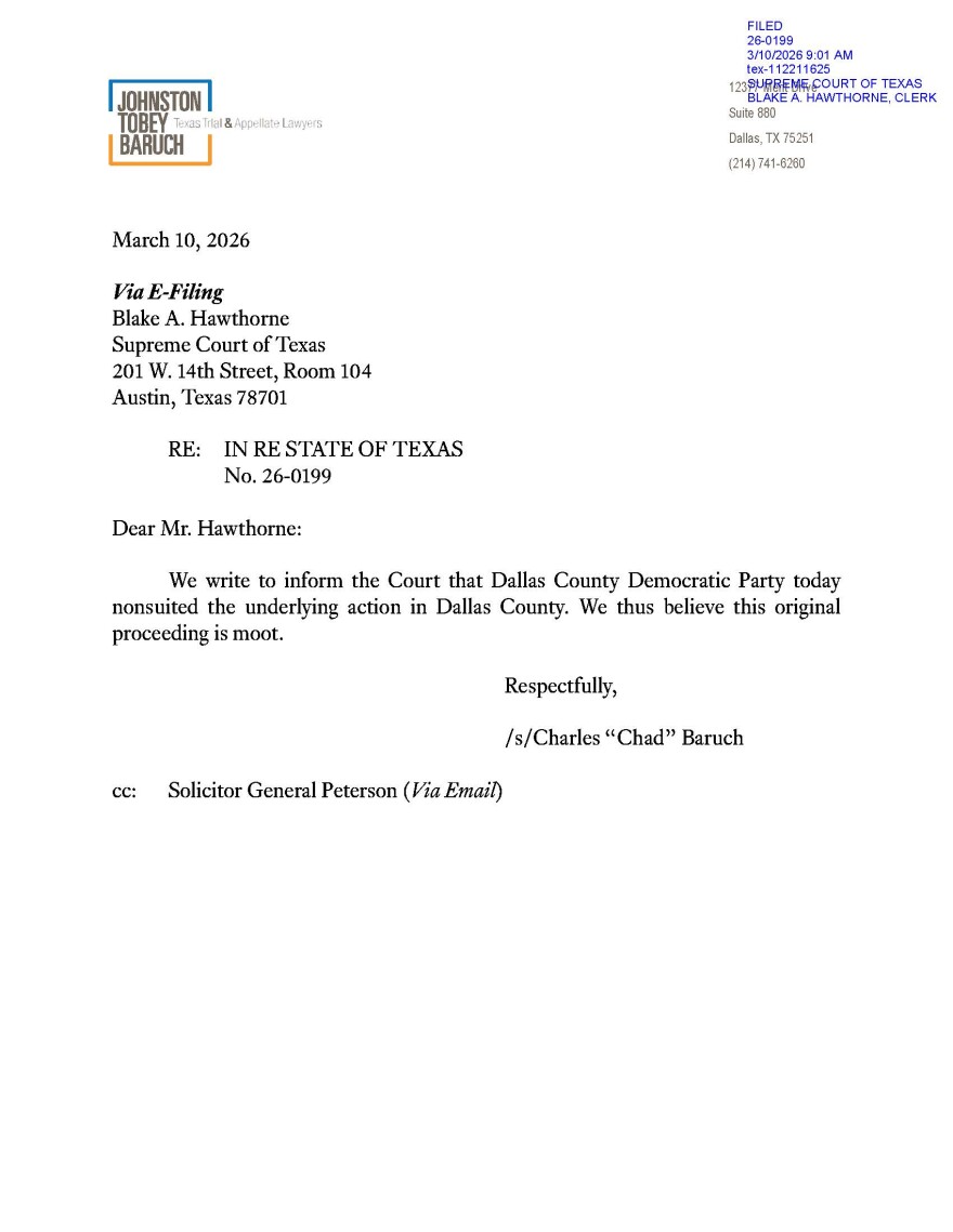 Dallas County Democrats on March 10 filed to inform the Texas Supreme Court that they "nonsuited" their original request to keep 2026 primary election day polls open late.