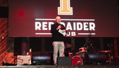 Joey McGuire speaks to the Red Raiders inside the Sports Performance Center after Texas Tech's first spring practice of the 2026 season.