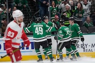 Dallas Stars right wing Matěj Blümel, third from right, celebrates his goal with teammates...
