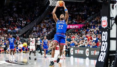 KANSAS CITY, MO - March 12, 2026 - The Kansas Jayhawks Men’s Basketball team during the game against TCU in Kansas City, MO. Photo by Aiden Droge/Kansas Athletics