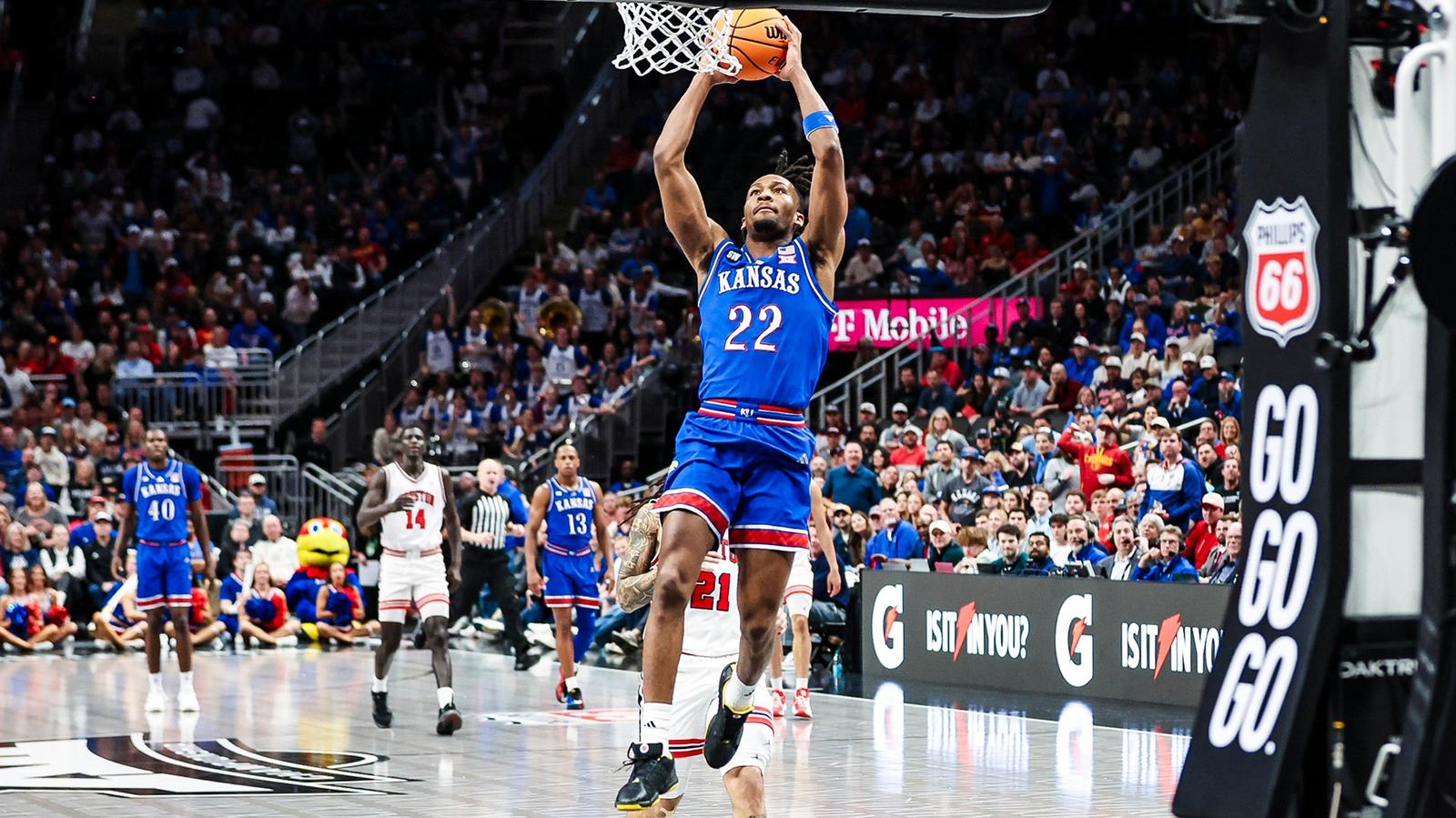 KANSAS CITY, MO - March 12, 2026 - The Kansas Jayhawks Men’s Basketball team during the game against TCU in Kansas City, MO. Photo by Aiden Droge/Kansas Athletics